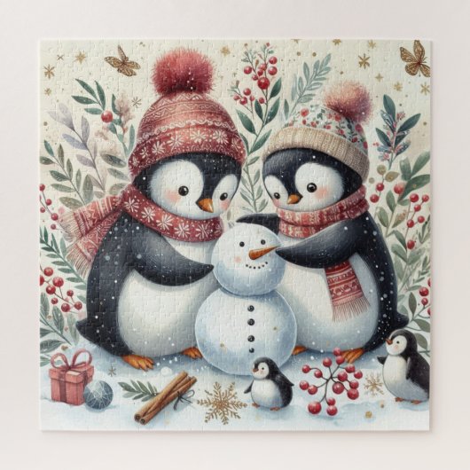 Pinguïns bouwen een sneeuwpop legpuzzel (Verticaal)