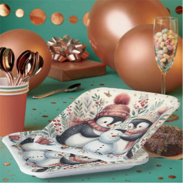 Pinguïns bouwen een sneeuwpop papieren bordje