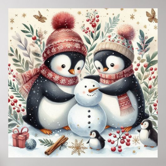 Pinguïns bouwen een sneeuwpop poster (Voorkant)