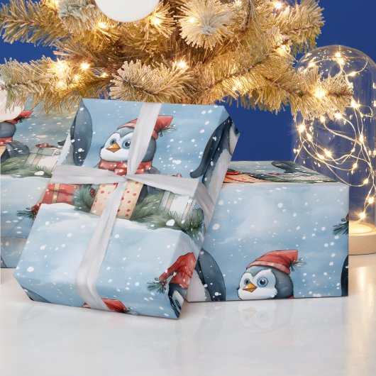 Pinguïns cadeauverpakking in de sneeuw cadeaupapier (Feestdagen)