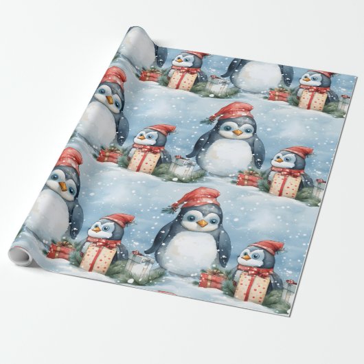 Pinguïns cadeauverpakking in de sneeuw cadeaupapier (Uitgerold)