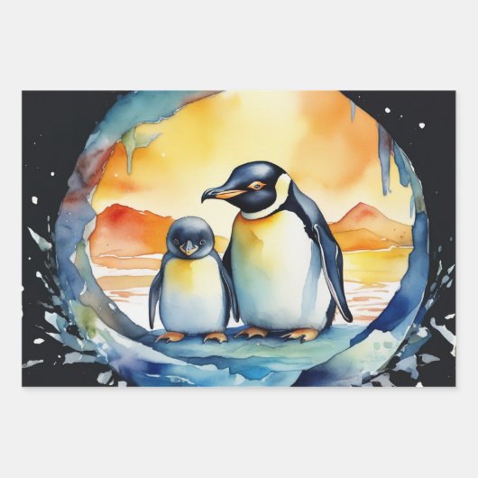 Pinguïns dansen in Waterverf sneeuwstorm Inpakpapier Vel (Voorkant)