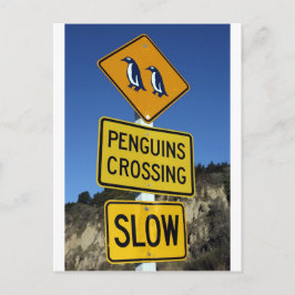 Pinguïns die het gele wegteken kruisen briefkaart