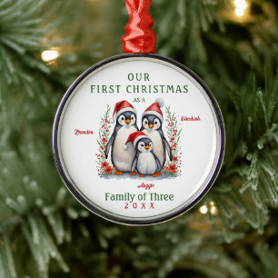 Pinguïns Eerste Kerstfamilie van Drie Metalen Ornament