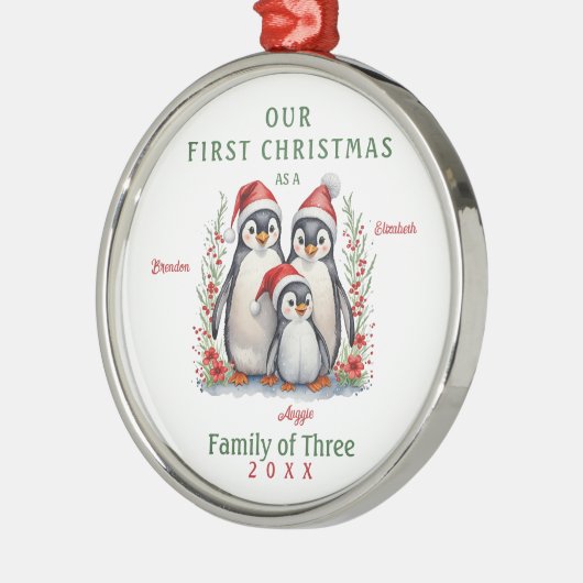 Pinguïns Eerste Kerstfamilie van Drie Metalen Ornament (Links)