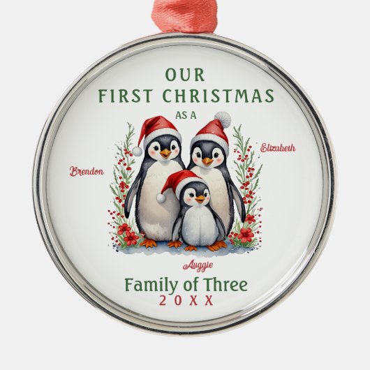 Pinguïns Eerste Kerstfamilie van Drie Metalen Ornament (Voorkant)
