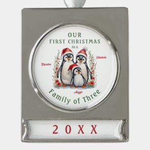 Pinguïns Eerste Kerstfamilie van Drie Verzilverd Banner Ornament