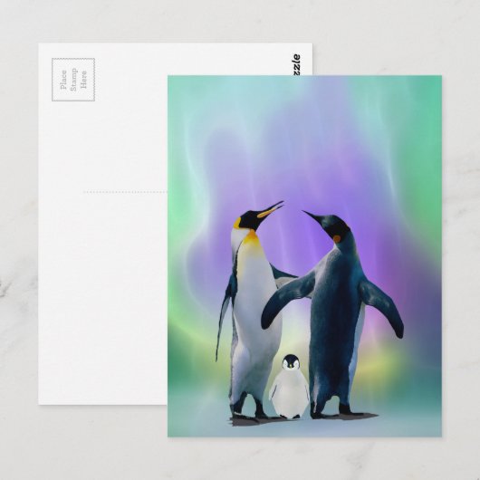 Pinguïns en baby in Aurora borealis Briefkaart (Voorkant / Achterkant)