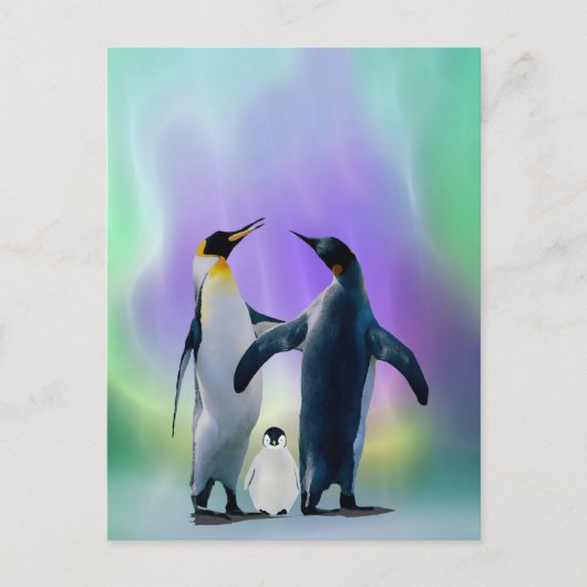 Pinguïns en baby in Aurora borealis Briefkaart (Voorkant)
