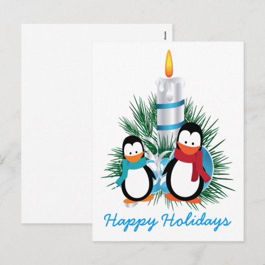 Pinguïns en kerst met kaarsen feestdagenkaart (Voorkant / Achterkant)