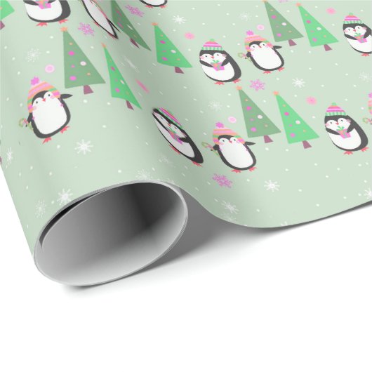 Pinguïns en kerstbomen cadeaupapier (Rol Hoek)