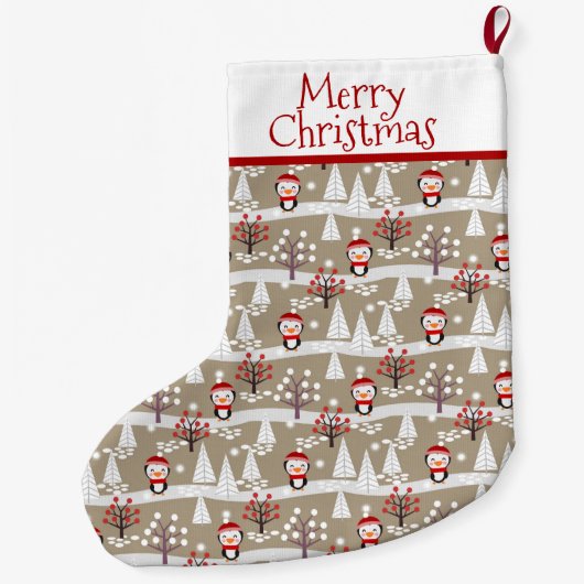 Pinguïns en kerstbomen grote kerstsok (Achterkant)