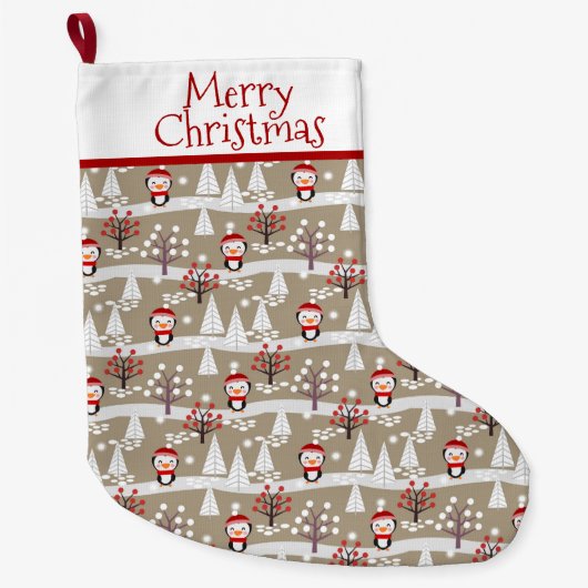 Pinguïns en kerstbomen grote kerstsok (Voorkant)