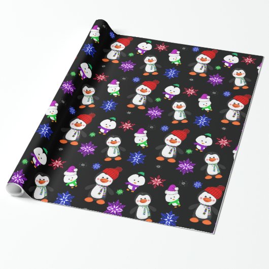 Pinguïns en Snowflakes Kute Kerstmis Cadeaupapier (Uitgerold)