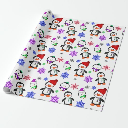 Pinguïns en Snowflakes Kute Kerstmis Cadeaupapier (Uitgerold)