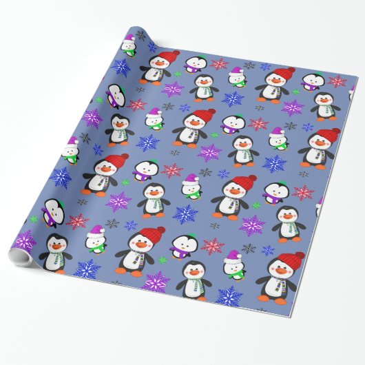Pinguïns en Snowflakes Kute Kerstmis Cadeaupapier (Uitgerold)