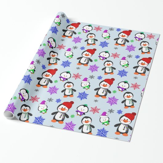 Pinguïns en Snowflakes Kute Kerstmis Cadeaupapier (Uitgerold)