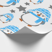 Pinguïns en sterren leuk blauw cadeaupapier (Hoek)