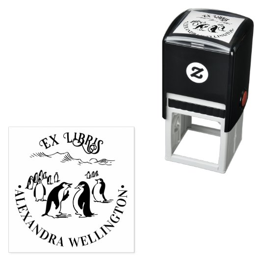 Pinguïns Ex Libris Bibliotheek Boek Naam #1 Rond Zelfinktende Stempel (In situ)
