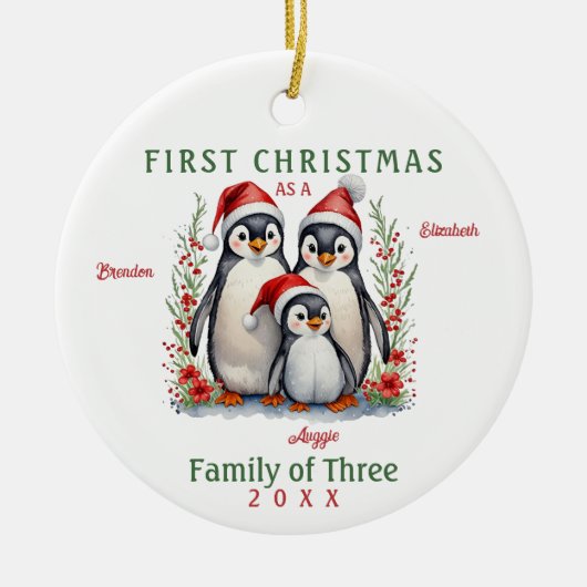 Pinguïns familie van drie eerste kerstdagen keramisch ornament (Voorkant)