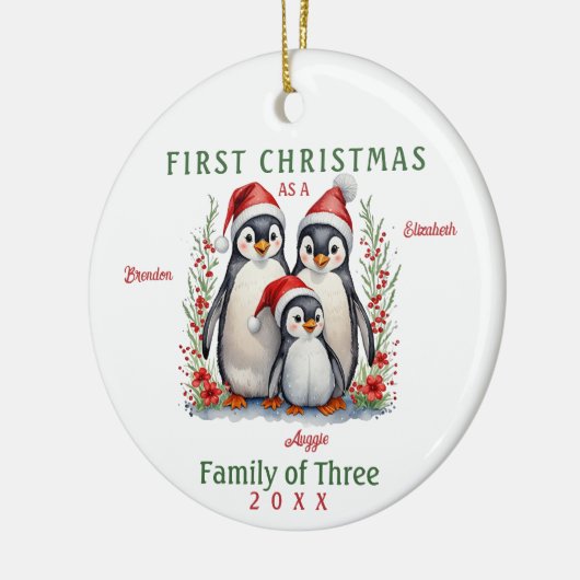 Pinguïns familie van drie eerste kerstdagen keramisch ornament (Links)