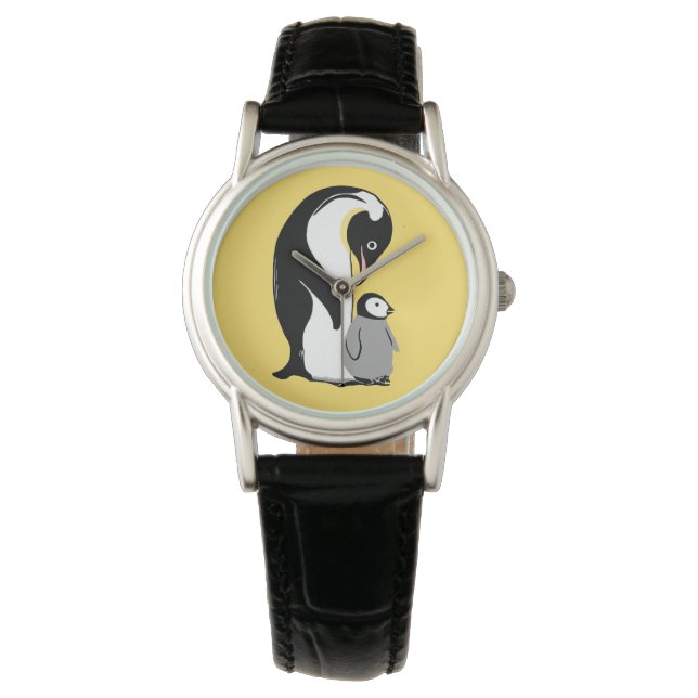 Pinguïns Geel en Zwart Polshorloge Horloge (Voorkant)
