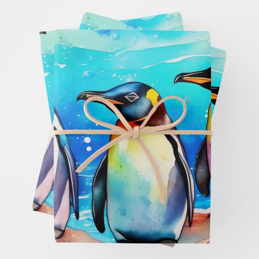 Pinguïns Huddling in Waterverf Snowy Landscape Inpakpapier Vel (In situ)