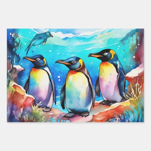 Pinguïns Huddling in Waterverf Snowy Landscape Inpakpapier Vel (Voorkant)