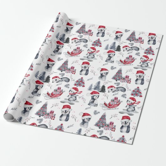 Pinguïns in het winterpatroon van Santa Hats Cadeaupapier (Uitgerold)