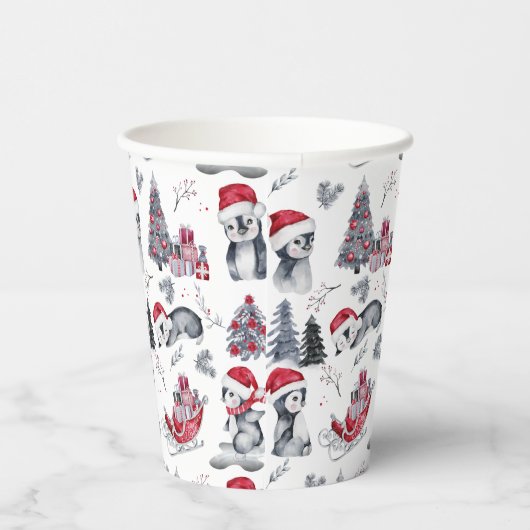 Pinguïns in het winterpatroon van Santa Hats Papieren Bekers (Rechts)