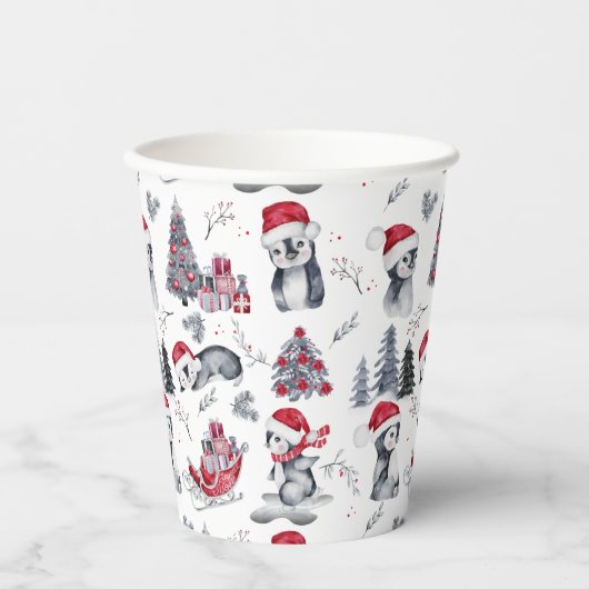 Pinguïns in het winterpatroon van Santa Hats Papieren Bekers (Voorkant)