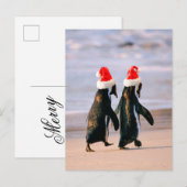 Pinguïns in kerstmannenmutsen op het strand feestdagenkaart (Voorkant / Achterkant)