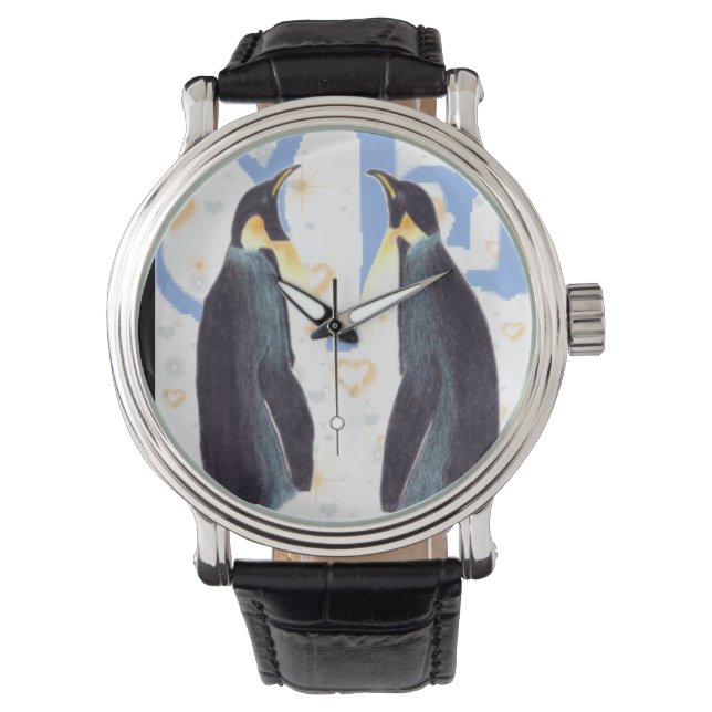 Pinguïns in liefde  lederen bandhorloge horloge (Voorkant)