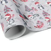 Pinguïns in Santa Hats Winter Scene Grey Pattern Cadeaupapier (Rol Hoek)