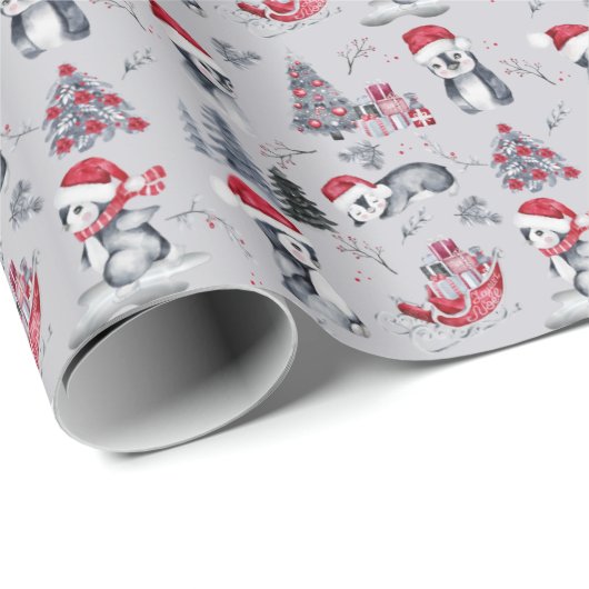 Pinguïns in Santa Hats Winter Scene Grey Pattern  Cadeaupapier (Rol Hoek)