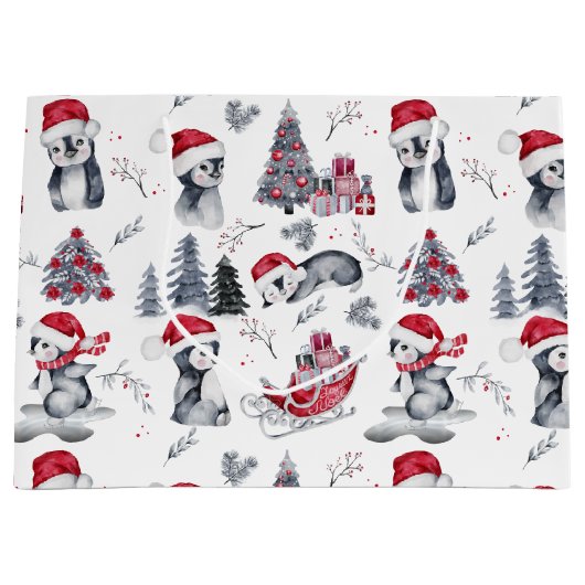 Pinguïns in Santa Hats Winter Scene Pattern Groot Groot Cadeauzakje (Voorkant)
