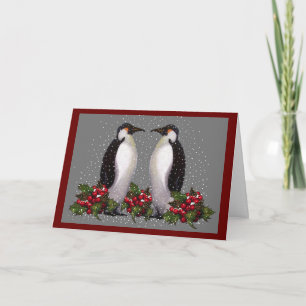 pinguïns in sneeuw: Paar Kerstmis: Holly: Kunst Feestdagen Kaart