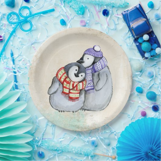 Pinguïns in winterscharven en Petten Papieren Bordje (Feest)