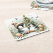 Pinguïns Kerstmis Kartonnen Onderzetters (Schuin)