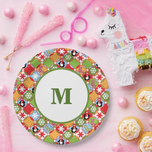 Pinguïns kerstmonogram papieren bordje (Feest)
