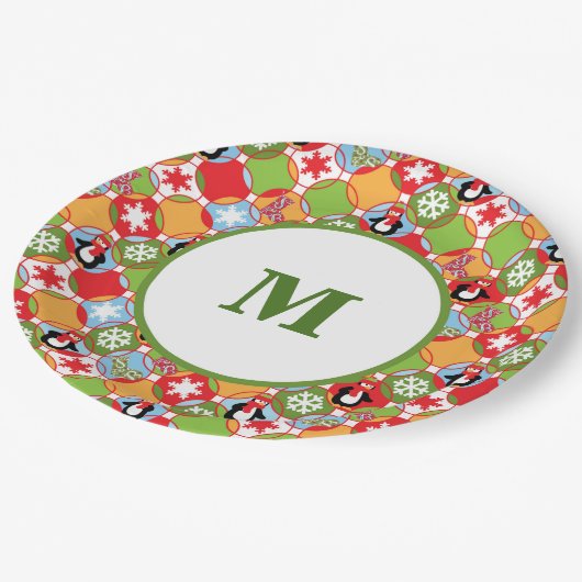 Pinguïns kerstmonogram papieren bordje (Gekanteld)