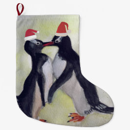 Pinguïns kus grote kerstsok