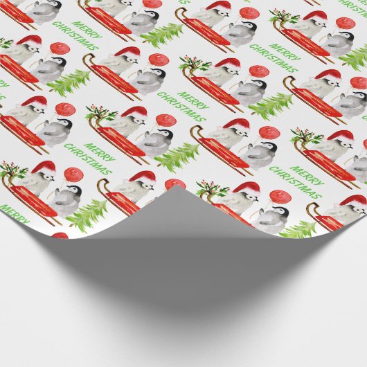 Pinguïns met kerstWaterverf Cadeaupapier (Hoek)