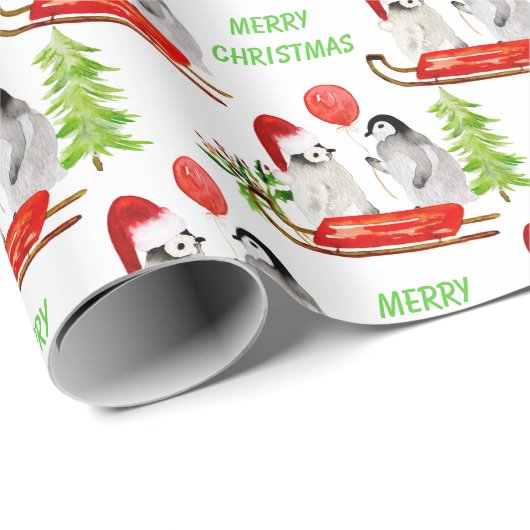 Pinguïns met kerstWaterverf Cadeaupapier (Rol Hoek)
