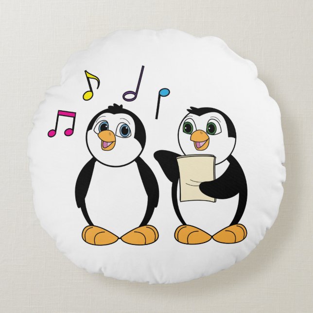 Pinguïns met muziek en notities zingen rond kussen (Voorkant)