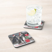 Pinguïns met rode kerstmutsen op vakantie bier onderzetter (Rechterzijde)