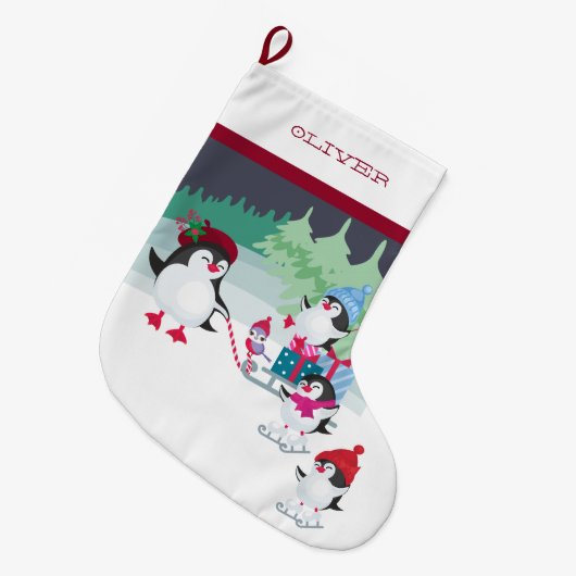 Pinguïns met slee vol kerstcadeaus grote kerstsok (Voorkant (Hangend))