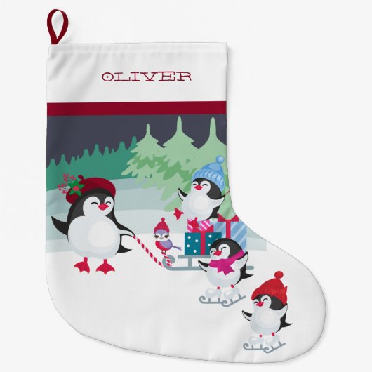 Pinguïns met slee vol kerstcadeaus grote kerstsok (Voorkant)