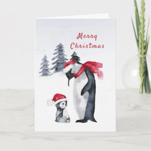 Pinguïns Rode Sjaal Kerstman Hoed Waterverf Kerstm Feestdagen Kaart