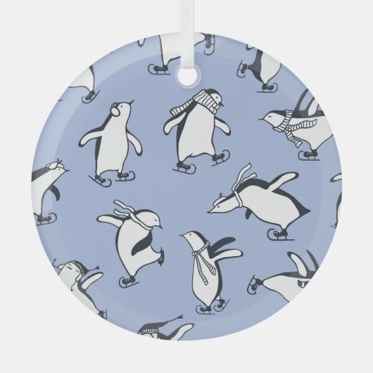 Pinguïns schaatsen, met de hand getekend patroon glas ornament (Voorkant)